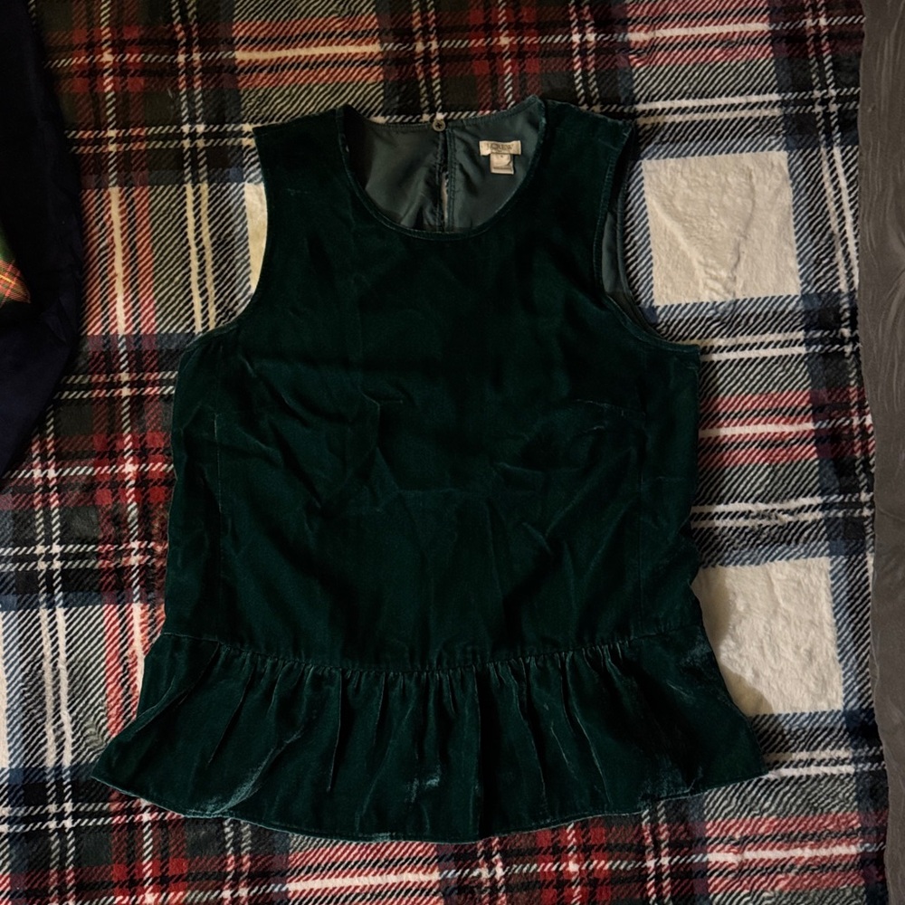 SOLD J. Crew Dark Green Velvet Peplum Blouse